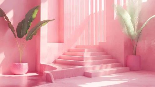 Minimalist Pink Atrium with Geometric Stairs and Botanical Accents
