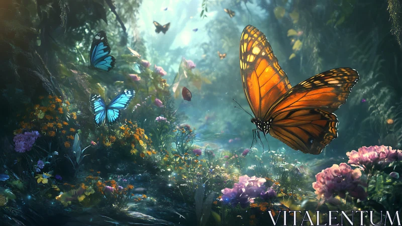 Luminous monarch butterfly over enchanted forest flowers.