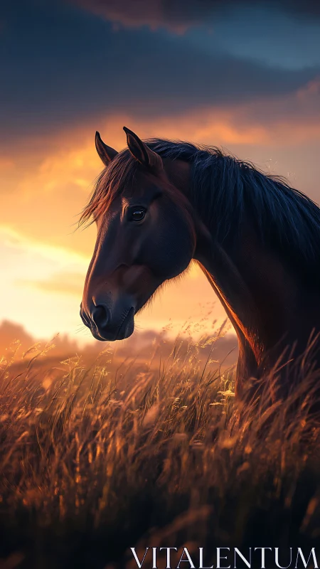 Gentle brown horse glowing in a quiet golden sunset field.