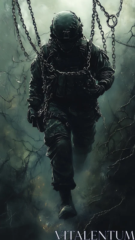 Silent soldier stepping through chains and haunted mist.