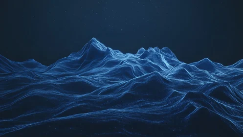 Digital wireframe landscape with luminous blue contours.