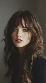 Portrait depicts young woman with wavy hair in soft lighting