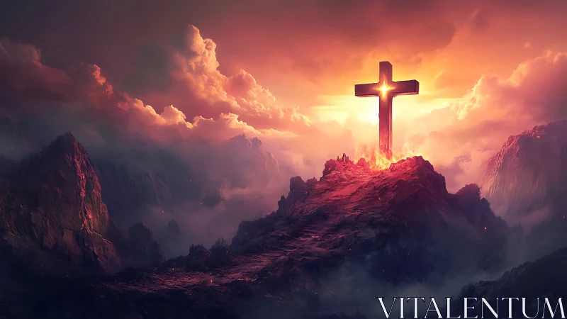 Blazing summit cross crowned by stormlit crimson heavens.