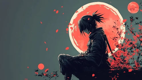 Solitary samurai silhouette before blood-red moon