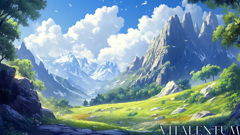 Sunlit valley dreaming beneath feather-bright mountain crowns.