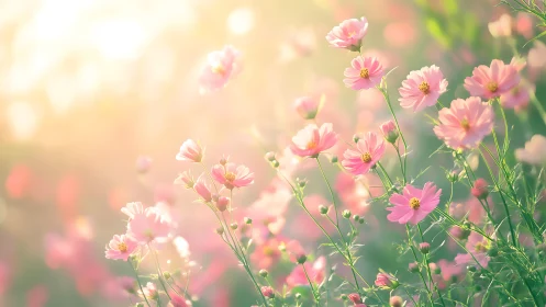 Pink Cosmos Blooms Dancing in Golden Sunlight.