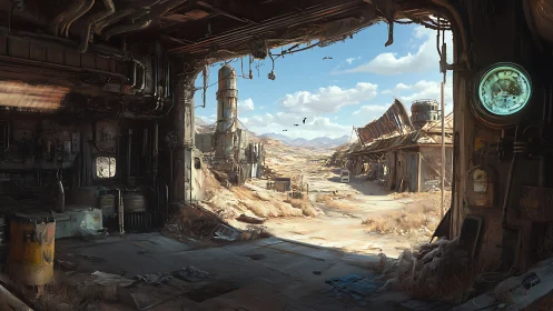 Desert scrapyard framed by dark industrial hangar interior