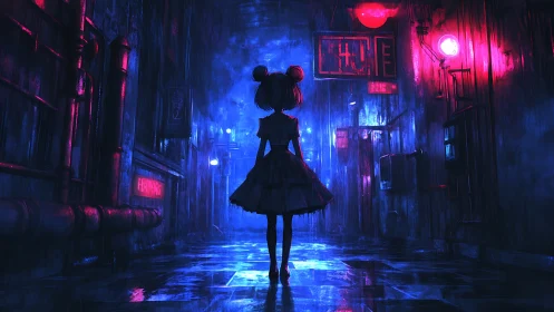 Silhouetted girl in neon alley under heavy night rain.