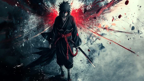 Dark anime swordsman framed by explosive red energy.