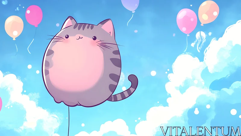 Chubby cartoon cat balloon drifting in bright blue sky.