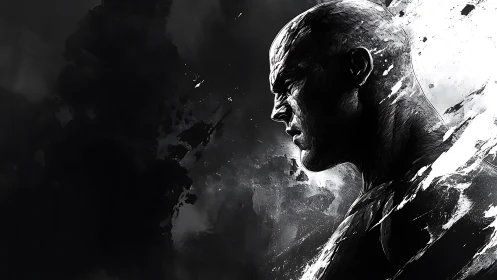 Monochrome male profile rendered with dynamic ink-splatter shading