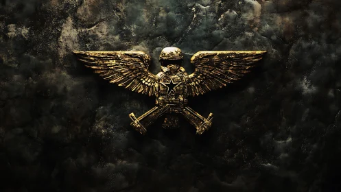 Golden winged skull emblem rests against dark textured wall