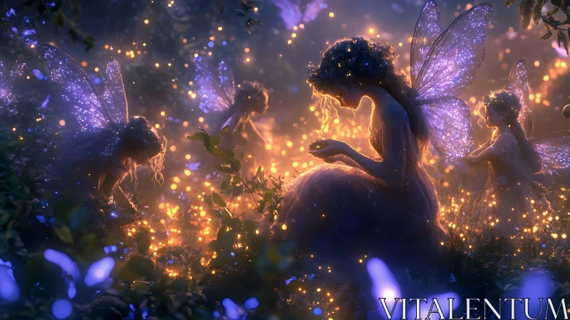 Gentle forest fairies cradle glowing lights in a moonlit garden