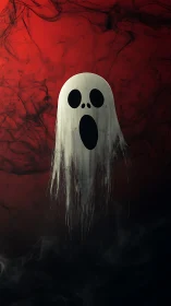 White ghostly face on red smoky horror background.