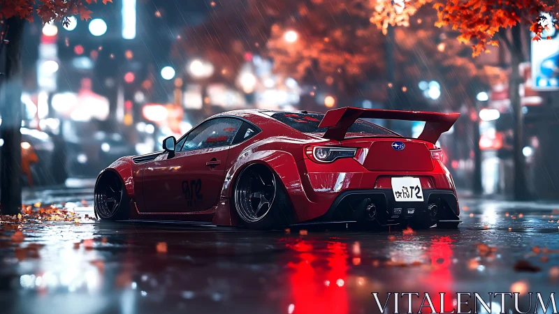 Low-slung red tuner coupe under neon rain on city streets.