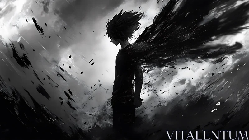 Shadowed anime figure stands amid swirling dark energy