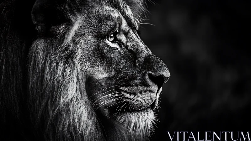 High contrast monochrome lion profile emphasizing detailed fur texture
