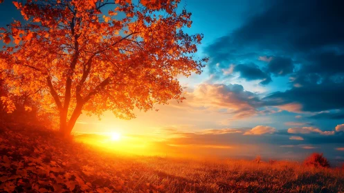 Fiery autumn tree overlooking vivid golden sunset horizon.
