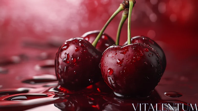 Rich red cherries glisten softly in a pool of crimson light