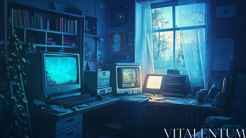 Retro hacker workstation under nocturnal cyan glow.