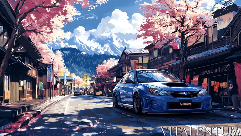 Turbo blue street racer under drifting cherry blossoms dream.