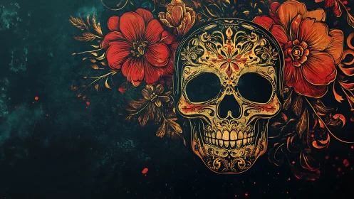 Ornate sugar skull with red florals on dark teal field.