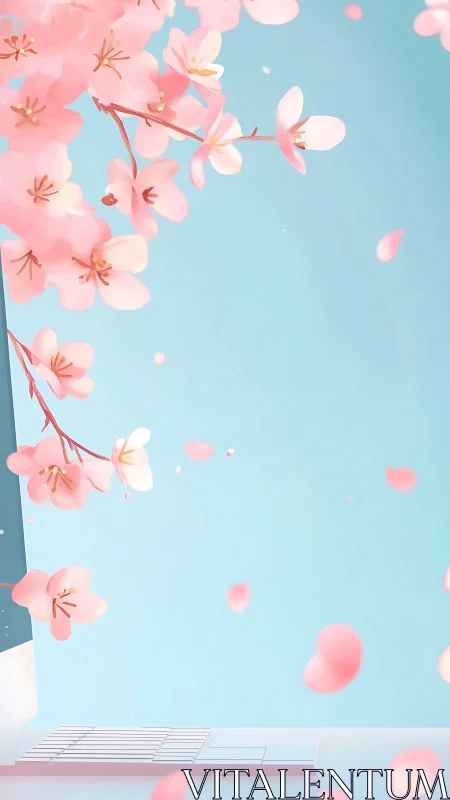 Minimal laptop with falling cherry blossoms on blue background.