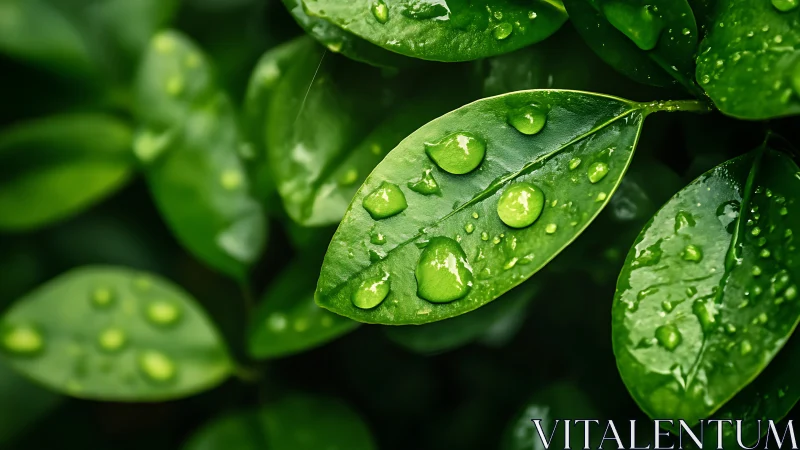 Rain-kissed emerald leaves cradle bright morning droplets.
