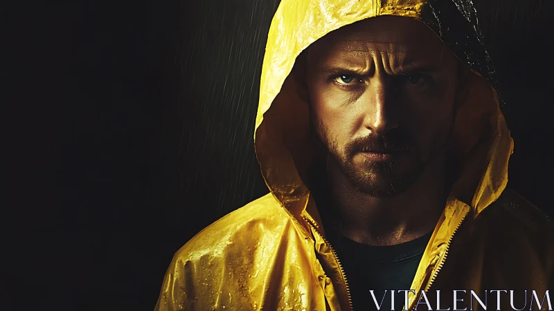 Man in yellow hooded raincoat under directional low-key light