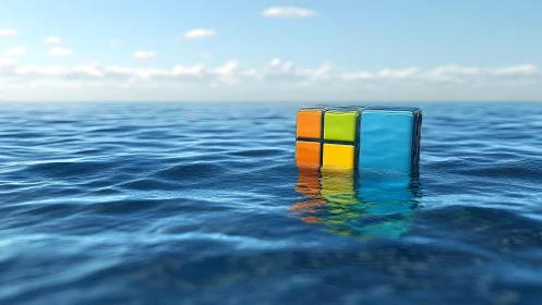 Floating Glass Cube with Colorful Panels on Tranquil Ocean Surface.