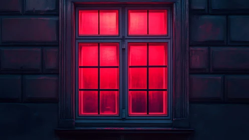 Bilateral window facade under saturated neon magenta illumination.