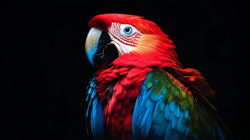 Vivid Scarlet Macaw Portrait on Black Background, Photorealistic Style.