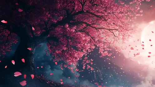 Digital painting of lunar-lit cherry tree with drifting petals.