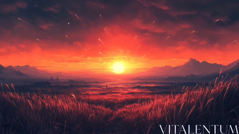 Emberstorm sunrise over crimson valley and whispering grass.