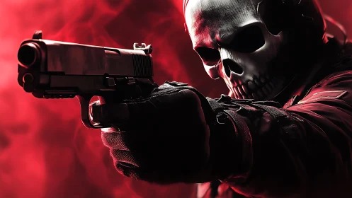 Armed skull-masked figure aiming handgun in red light.