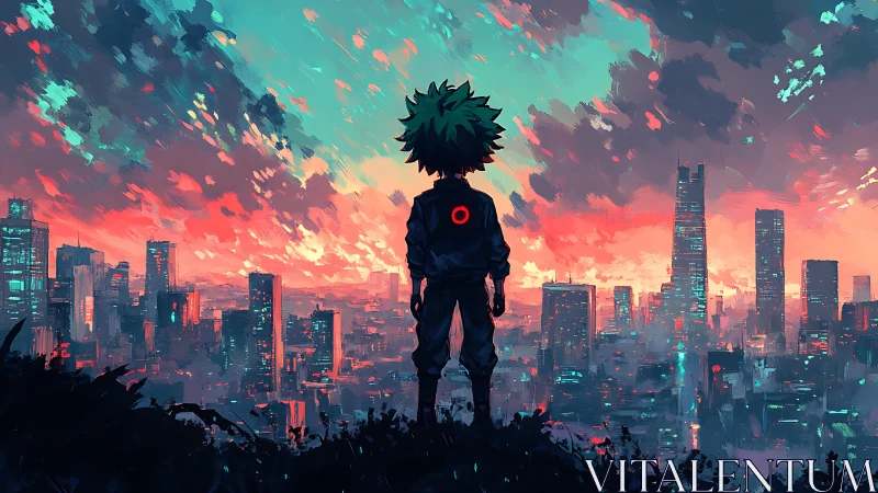 Neon dusk hero watches a storm-painted cyber city awaken.