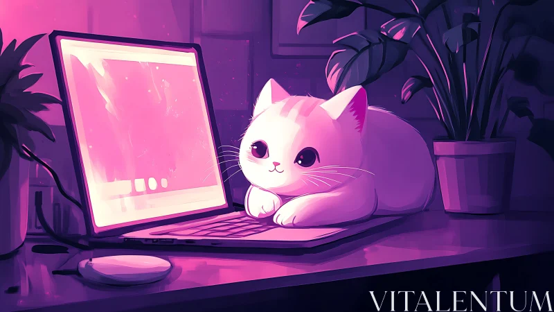 Glow-lit white cat curls on laptop in cozy neon workspace.