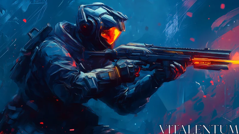 Armored space soldier aims glowing rifle in cyber battle.