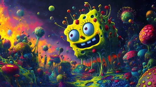 Square yellow creature in fluorescent alien landscape.