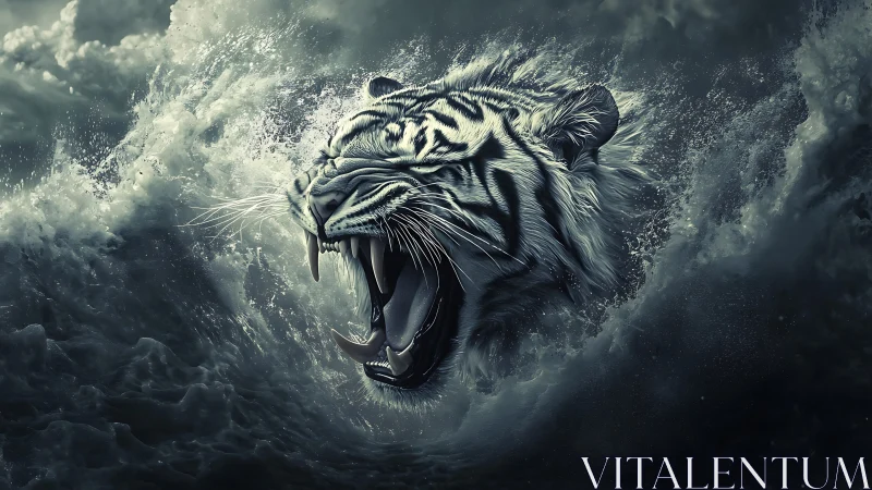 White tiger erupts from storm waves in monochrome fury.