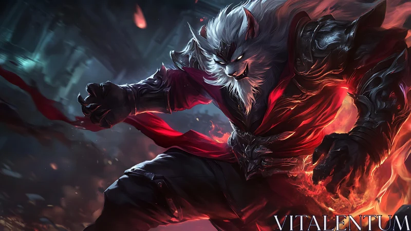 Flaming warlord werewolf lunges through a storm of embers