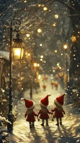 Tiny carolers under snowlit lanterns on a glowing lane.
