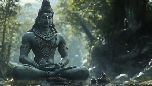 Forest silence crowns the meditating blue deity in light