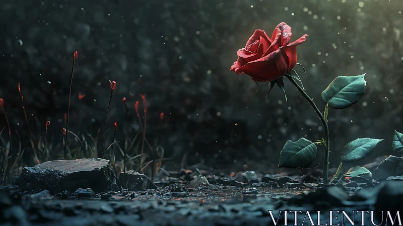Single red rose glowing with quiet courage in the dark.