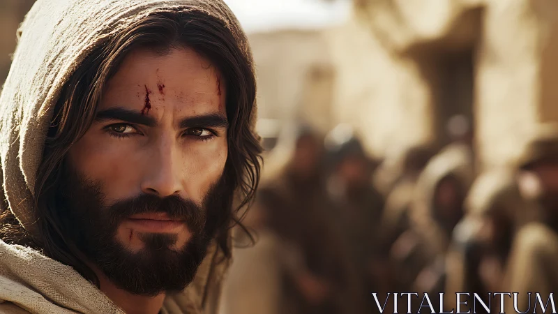 Hooded man with facial wounds stands before blurred crowd.