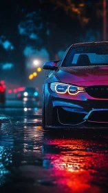 Neon-soaked street racer hums quietly through midnight rain