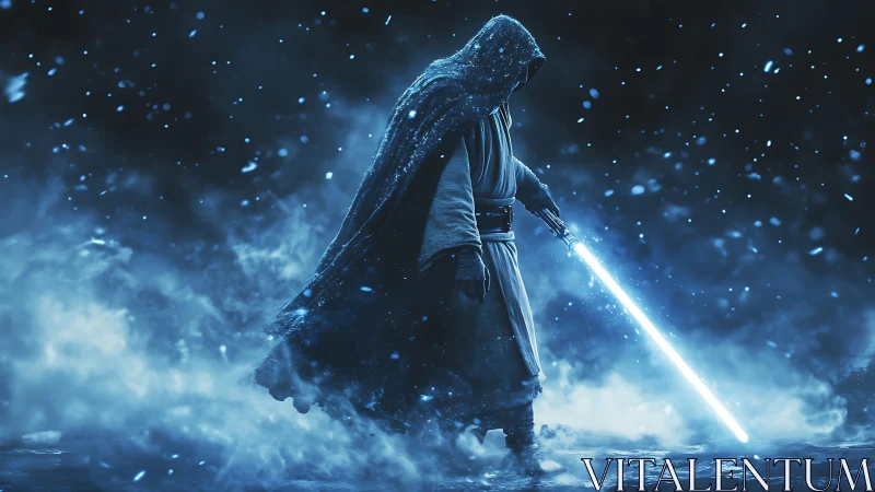 Hooded warrior ignites glowing blade in a frozen blue storm