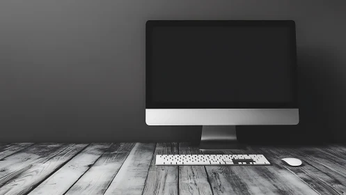 Minimal desktop workstation with widescreen display on wood