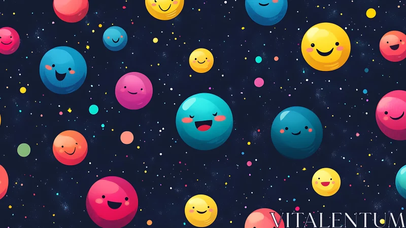 Smiling colorful planets float playfully across dark space.