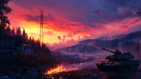 Sunset stillness over a lone tank in misty valley light.